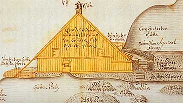 P Farnes vart det bygt smeltehytta i 1709. (Teikning  Riksarkivet)