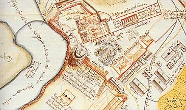 Utsnitt av Johann Heinrich von Schrt sitt kart over koparverksbyen p Farnes med Fardalselva til venstre. (Kart  Riksarkivet)