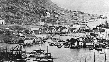 Kalvg i 1904. P denne tida var det fleire konkurrerande dampskipsselskap som stopppa i Kalvg. (Foto  Fylkesarkivet)