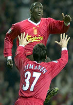 Heskey og Litmanen har god grunn til å juble (Foto: AP Photo/Phil Noble) Heskey og Litmanen har god grunn til å juble (Foto: AP Photo/Phil Noble)