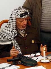 Dettet fotoet av Yasir Arafat er tatt i dag. Israel har erklært Arafat som sin fiende. (Foto: Scanpix/Reuters/Hussein Hussein)