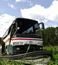 Bussen velta ned ei skråning og utpå eit jorde. Ei kvinne omkom i ulykka.(Foto: Ola A. Thorset/SCANPIX) Bussen velta ned ei skråning og utpå eit jorde. Ei kvinne omkom i ulykka.(Foto: Ola A. Thorset/SCANPIX)