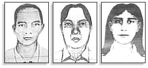 Tegninger av tre mistenkte som er etterlyst etter bombeangrepet på Bali.
