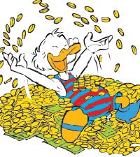 Skrue McDuck velter seg i penger. Foto: Disney.no Skrue McDuck velter seg i penger. Foto: Disney.no