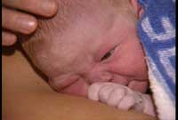 Nyfødt baby på fødestue 7 på Sykehuset i Østfold. Foto: NRK