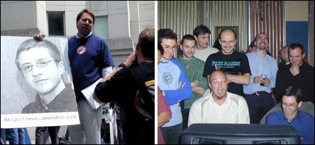 Discrimination. Left: protesters demanding that DVD-Jon is set free. Right: local guys relaxing with a video VHS-Lars copied for them. 