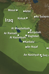 Kart over midtområda av Irak.