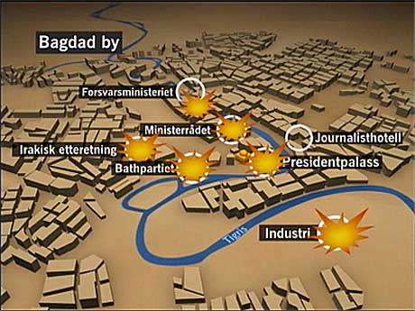 Bombingen av Bagdad 21.mars 2003. NRK-grafikk