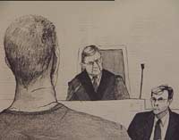 Geir Hårstad forklarer seg i retten. Tegning ved Lise Brissach