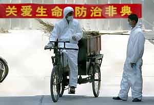 To kinesiske rengjøringsarbeidere på et universitet i Beijing som er blitt avstengt på grunn av SARS. Foto: Wilson Chu , Reuters