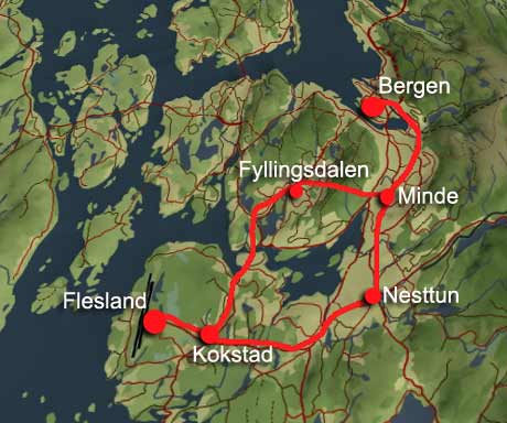 Hvor NSB ser for seg at flytoget vil gå. Hovedalternativet går via Nesttun, det andre via Fyllingsdalen.