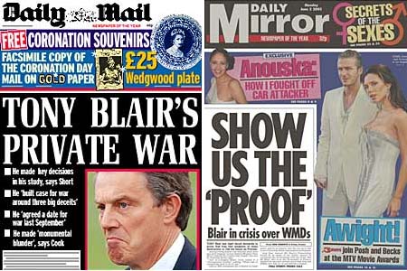 Presset ker mot statsminister Tony Blair. Her er dagens forsider fra avisene Daily Mail og Daily Mirror.