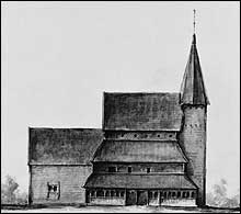 Teikning av gamle Stedje stavkyrkje sett fr sida. ( Fylkesarkivet/Riksantikvaren)