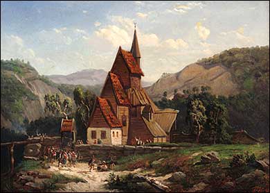 Usignert oljemleri av gamle Stedje stavkyrkje etter tyskaren Andreas Aschenbach (1815-1907). Tittel: 