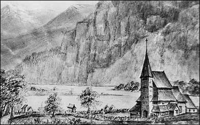 Teikning fr 1850 av Stedje gamle stavkyrkje. Denne var fjordundskyrkje. (Foto  Fylkesarkivet)