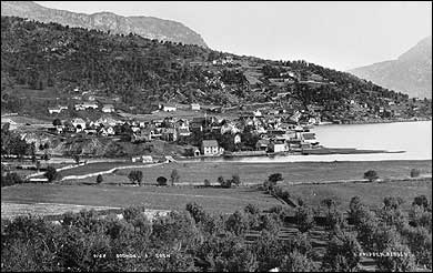 Sogndalsfjra p 1880-talet med deler av den store frukthagen i framgrunnen. (Foto  Fylkesarkivet)