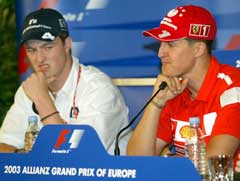 Michael Schumacher og Ralf Schumacher tok de to første plassene i Formel 1-runden i Canada. (AP Photo/Roberto Pfeil) 