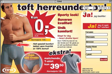 Pop-up reklame (ikke manipulert) som vises på enkelte norske websider: "Som TONO-kunde blir du den første som får glede av et nytt og eksklusivt tilbud..." 