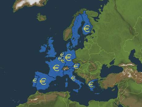 Oversikt over de EU-landene som har innført euro. 