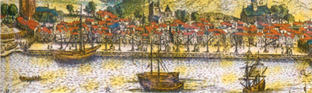 Scholeus laget det første bildet av Bergen i 1581. Her et utsnitt fra Bryggen.