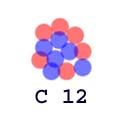 6 protoner (røde) og 6 nøytroner (blå)