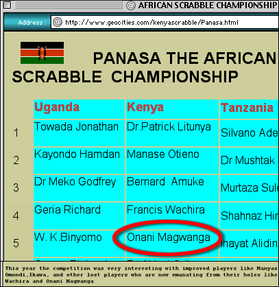 En av Kenyas fremste scrabble-spillere gjør comeback. (http://www.geocities.com/kenyascrabble/Panasa.html)