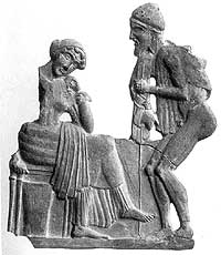 Odyssevs møter sin kone Penelope etter den lange og farefulle ferden. Relieff fra Musée du Louvre, Paris.