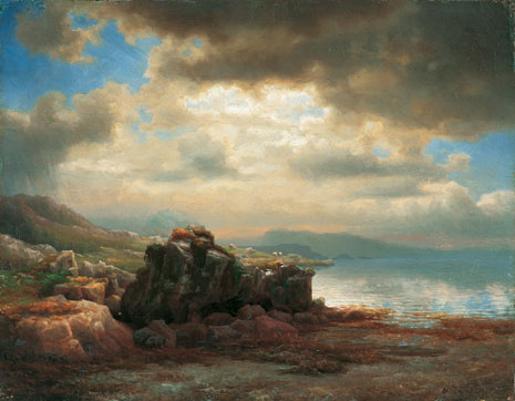 Kystlandskap med strandstein fra 1854 