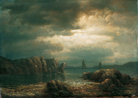 Kystlandskap med robåt og seilskip 1855