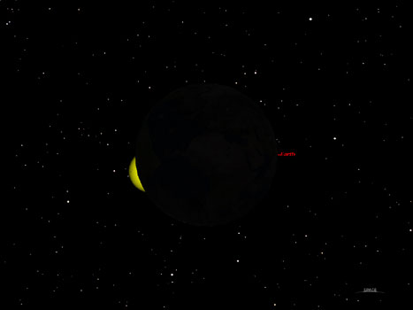 Sola på veg inn bak jorda sett frå overflata på månen. (Illustrasjon: Astronomi.no)