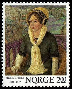 Sigrid Undset har prydet norske frimerker. Her malt av sin mann, Anders Castus Svarstad. Foto: Posten, Norge.