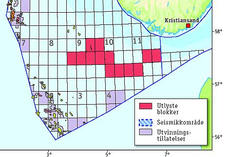 De røde områdene er utlyste blokker utenfor Sørlandskysten