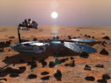 Sånn tenker man seg at Beagle 2 ser ut når den har landet på Mars-overflaten. Ill.: ESA