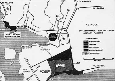 Byplanen for Askvoll omfatta eit stort aluminiumsverk (nede i midten), eit nytt sentrum (sirkelen i midten), flyplass vest for verket, og jernbane fr verket til ei ny kai sr for noverande sentrum.