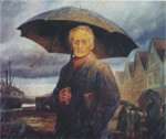 Vilhelm Bjerknes med paraply, malt av Rolv Groven i 1983.