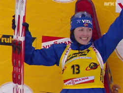 Liv Grete Skjelbreid Poiree, gullvinner i VM i 7,5 km sprint. Foto: NRK. Liv Grete Skjelbreid Poiree, gullvinner i VM i 7,5 km sprint. Foto: NRK.