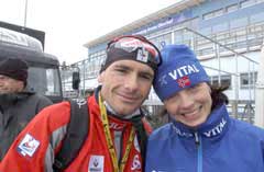 Liv Grete og Raphael Poirée på VM stadion i Oberhof der de så langt har hentet hjem fem gull og en sølv. (Foto: AFP/Scanpix)