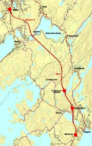 Dette er den tenkte traseen for den firefelts motorveien mellom Os og Bergen. Illustarsjon: Statens Vegvesen.