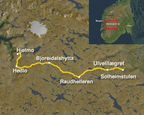 Det Store Normannslepet på Hardangervidda, mellom Vestlandet og Østlandet. Kart: NRK.