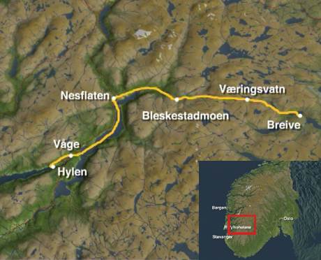 Fra Breive ved Hovden til Hylen i Ryfylke. Kart: NRK