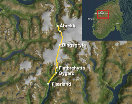Fjærland til Åbrekk over Jostedalsbreen. Kart: NRK