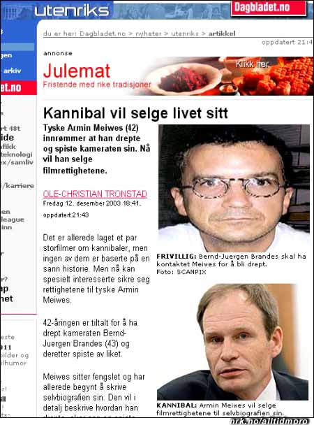 Dagbladet.no 12/12 2003 har en fiks kobling mellom annonse og redaksjonelt innhold. (Innsendt av Magnus Valle Dahl)