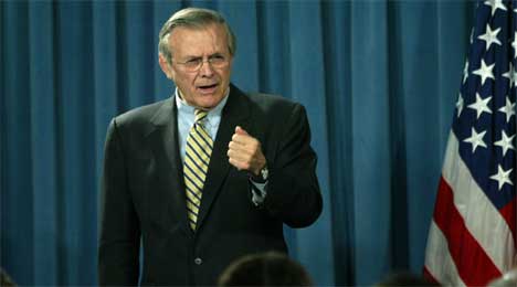 Rumsfeld i mtet med pressen onsdag. (Foto: Scanpix / AP / Lawrence Jackson)