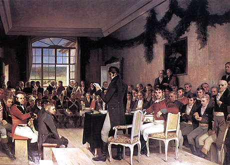 Maleri av Oscar Wergeland i Stortingssalen: "Riksforsamlingen på Eidsvold 1814". Scan-Foto: Arkiv/SCANPIX