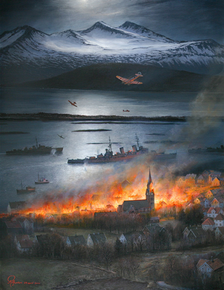 Rolf Grovens maleri av Molde i brann etter bombingen 29.april 1940 Gjengitt med tillatelse av kunstneren Foto: Scanpix