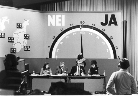 Folkeavstemningen om EF i september 1972 endte med 53.49 prosent nei og 46.51 prosent ja. I studio sitter bl.a. Geir Helljesen og Lars-Jacob Krogh. (Arkivfoto: Jan Greve/Scanpix)