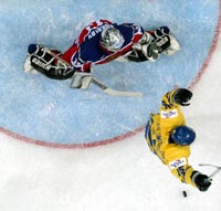 Andreas Salomonsen jubler over svensk scoring (Foto: Joe Klamar, AFP)