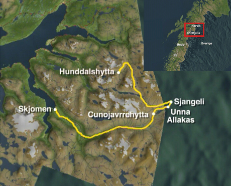 Turen fra Elvegård til Salkasdalen. Kart: NRK