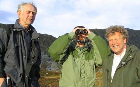 Kjetil Lidtveit, Peter Hermansen og Dag Lindebjerg speider etter rein. Foto: NRK Kjetil Lidtveit, Peter Hermansen og Dag Lindebjerg speider etter rein. Foto: NRK