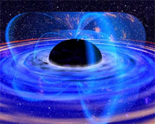 Det sorte hullet i midten er omgitt av en malstrøm av gass (skiven) og magnetlinjer som går gjennom gassen. Disse er vist som gjennomsiktige, blå bånd. Illustrasjon: NASA.